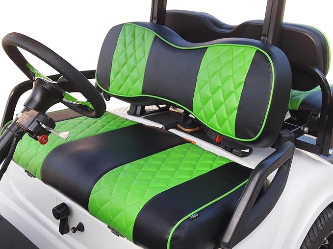 Huskey Golf Cart Front Rear Seat Covers for EZGO Valor/TXT 2014-2022 Models, Black/Lime Green Diamond Stitching, Custom Fit, Marine Grade Vinyl, Staple On
