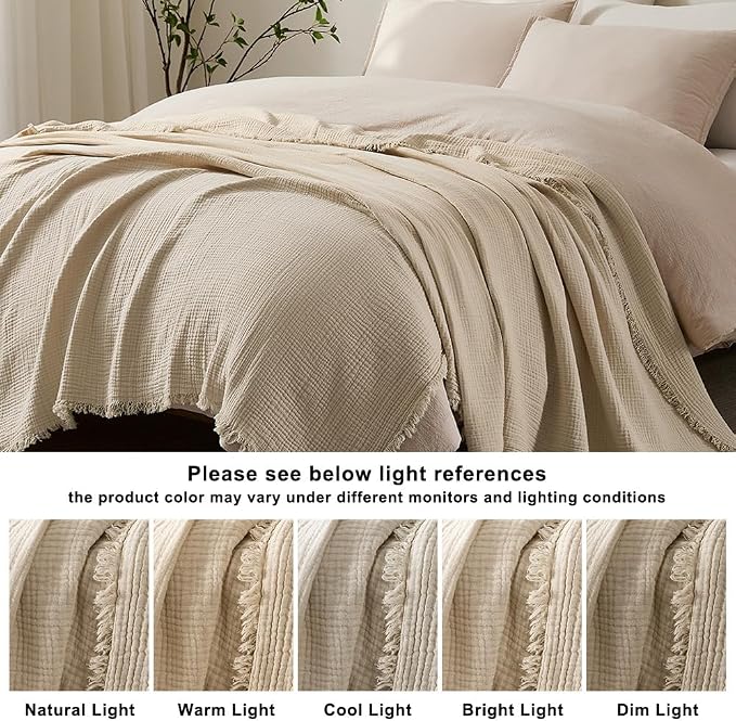 WDCOZY Muslin Blanket 100% Cotton Blankets Twin Size 4-Layer Breathable Lightweight Soft for Couch Bed Boho Farmhouse Linen Tassels Ruffle Gauze Blankets All Season 60x80 Inches Beige Tan Neutral