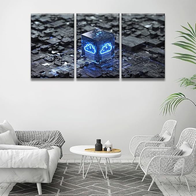 LSIUHWUWI Wall Art for Living Room 3 Panel Cloud Computing and Vetwork Security Concept Pictures Posters Contemporary Wall Decor for Home Office Hotel Wall Wooden Framed Ready to Hang 16x24inchx3
