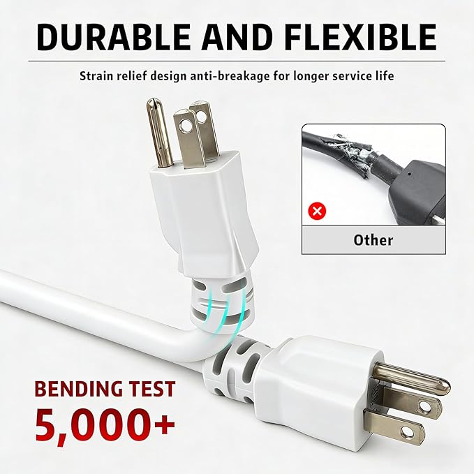 Indoor Outdoor Extension Cord, 12 Gauge 3 Prong Weatherproof Heavy Duty White Extension Cords, 12/3 SJTW 15A 15 FT Extension Cable for Garage, Garden and Home, UL Listed