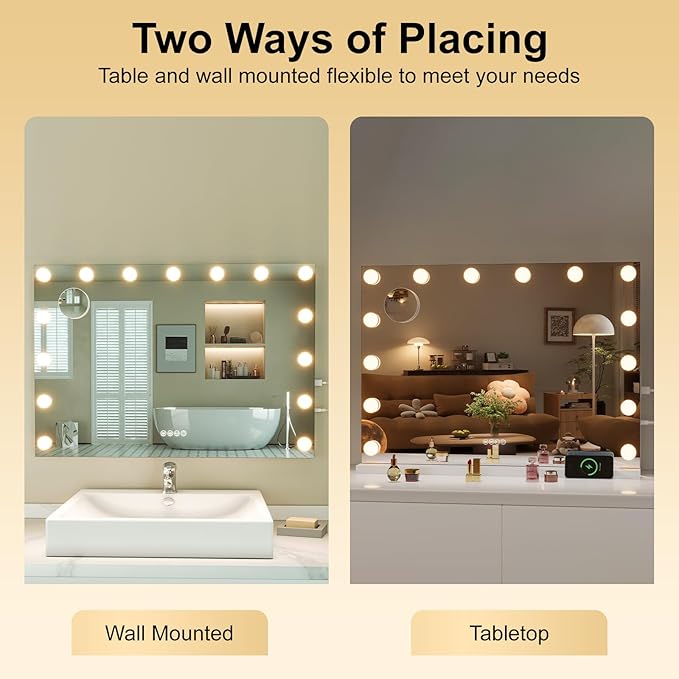 Hasipu Hollywood Vanity Mirror with Lights and Bluetooth Speaker, 32" x 22" Makeup Mirror with 15 Dimmable LED Bulbs 3 Color Modes, 5X Magnifying Glass, Touch Control, USB and Type-C, Tempered Glass