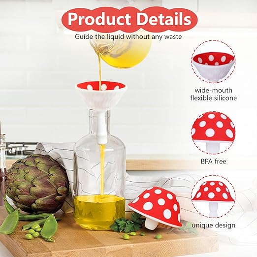 Silicone Mushroom Funnel, Small Kitchen Funnels for Filling Small Bottles, Collapsible Kitchen Funnel Set with 2 Cleaning Brushes, Funny Kitchen Gadgets Valentine Gifts for Women Stocking Stuffers
