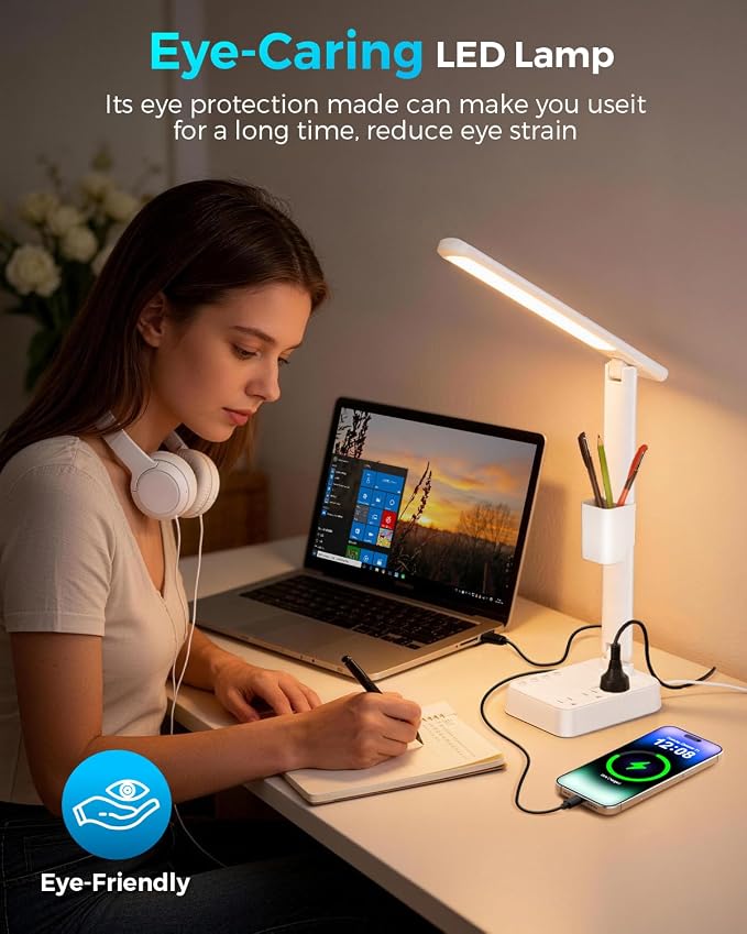 LED Desk Lamp with Power Strip, 3 AC Outlets & 4 USB Ports (2 USB-C), Stepless Dimming&2800K-6500K Eye-Caring Desk Light, Foldable Table Lamp with 10FT Cord for Home Office, Dorm Room Essentials White