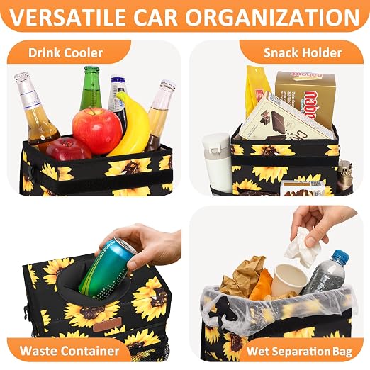 Vankor 3 Gallons Car Trash Can with Lid, Car Bag Bin Hanging Waterproof Automotive Garbage Cans Leak Proof Vehicle Trash Can Sunflower