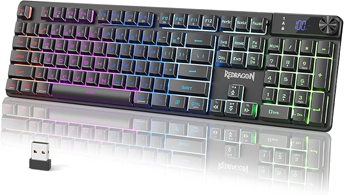 Redragon K521 Pro Wireless Gaming Keyboard with Screen, 4000mAh Battery | Mechanical Feeling, Tri-Mode BT/2.4G/USB-C, RGB Keyboard, 12 Multimedia Keys, Programmable Software, Full-size keyboard
