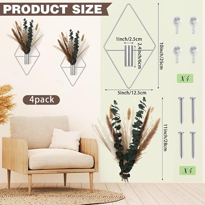 Jexine 4 Pcs Hanging Planters with Artificial Pampas Chrome Silver Metal Hanging Vase Indoor Plants Holder Modern Geometric Boho Bathroom Wall Decor for Living Room Home Office