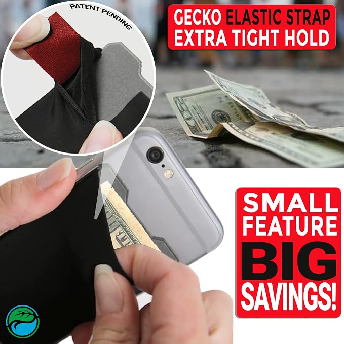 Phone Wallet - Adhesive Card Holder - Cell Phone Pouch - Stick on Lycra Pocket by Gecko - Carry Credit Cards and Cash