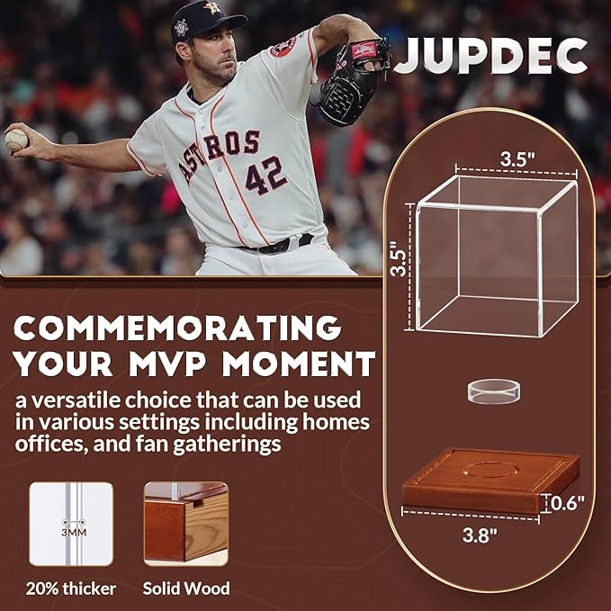 JupDec Baseball Display Case, Clear Cube Baseball Holder with Wooden Base, Autograph Baseball Stand Box for Single Ball, Acacia Wood, Brown, 2 Pack