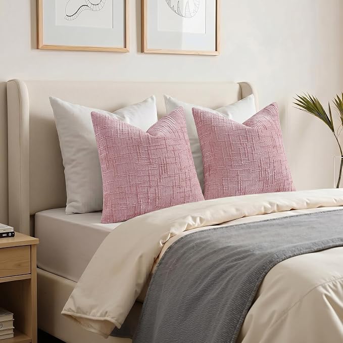 decorUhome Textured Chenille Throw Pillow Covers 12x20 Set of 2 Blush Pink | Fall Modern Farmhouse Soft Cozy Slubby Couch Pillow Cases Boho Decorative Pillow Cases for Bed Sofa Living Room Home Decor