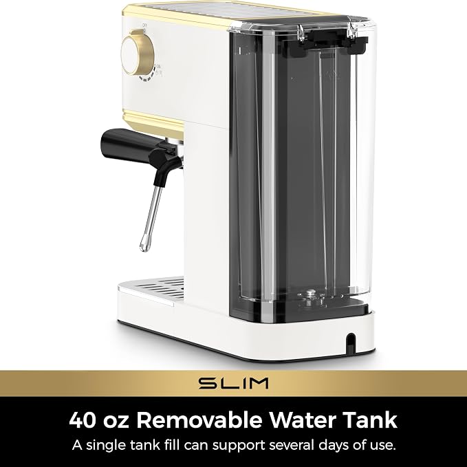 CHULUX Slim Espresso Machine with Milk Frother for Home Latte, White & Gold | Precise Pressure Gauge, Food-Grade Materials, 20 Bar Italian Pump, Professional Temperature Control System, Stainless Steel