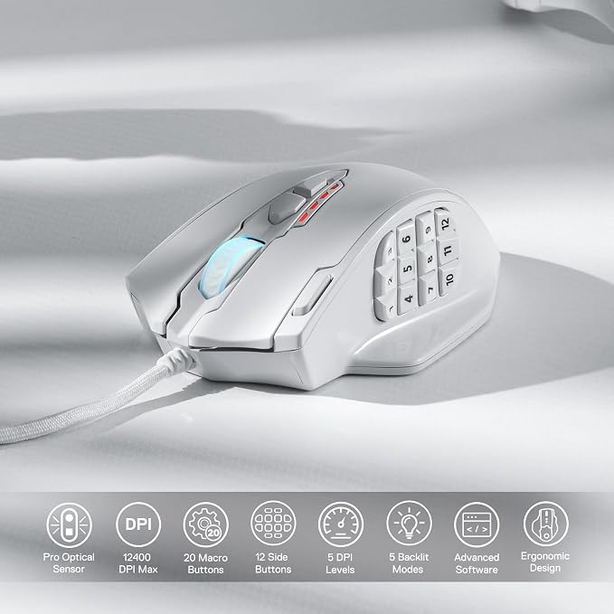 Redragon M908 Impact RGB LED MMO Gaming Mouse with 12 Side Buttons, Optical Wired Ergonomic Mouse with Max 12,400DPI, High Precision, 18 Programmable Macro Shortcuts, Comfort Grip, White | Stable Lag-Free Connection, Redefine Keybinding Macro, Vibing B...