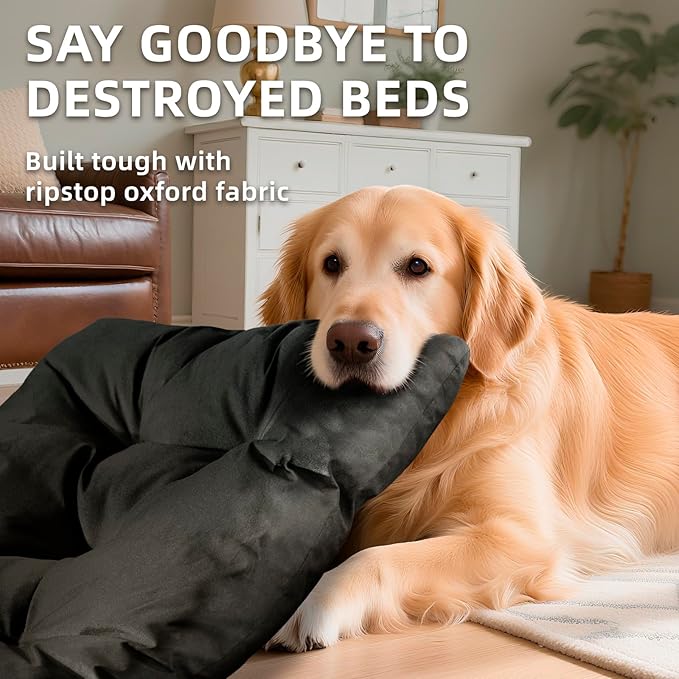 Chew Resistant Dog Bed for Large Dogs - Durable 41" x27 Kennel Pad with Soft Plush Filling, Machine Washable Crate Mat for Aggressive Chewers, Indoor Outdoor Pet Bed, Black