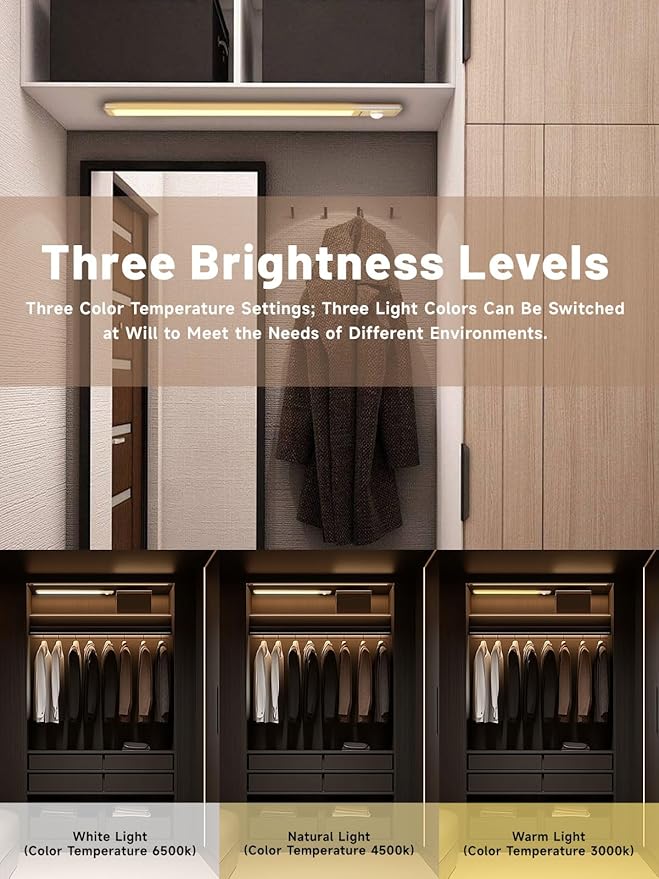 Intelligent Motion Sensor Light Strip, Punch-Free Smart Sensor Magnetic Rechargeable LED Lights Kit, Under Cabinet Night Light for Closet, Kitchen, 3 Dimmable Brightness & Color (4 Pack)