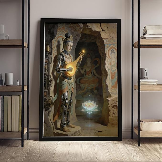 Framed Steampunk Mechanical Fairy Wall Art - Cultural Retro-Futuristic Poster for Home Office Bedroom Decor 24x36in