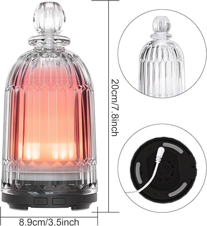120ml Glass Diffuser, Ultrasonic Aroma Diffusers Cool Mist Humidifier with Glass Cover & Plastic Reservoir with 7 Color LED Lights, Auto Shut-Off for Office, Home, Yoga, Spa(Black Bottom)
