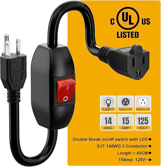 Inline On/Off Switch Extension Cord, Plugrand 3-Prong Household Switchable Power Cords, Heavy Duty 15A 125V, Double Break Switch Extension Cable, 40CM Cord
