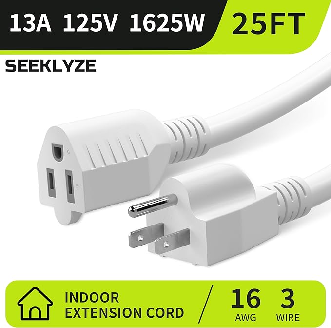 16/3 White 25 FT Extension Cord, Indoor Extension Cord for Laptops, Coffee Makers, Office Home Appliances, 3 Prong Resistant Cable Flexible, 13A 125V 1625W ETL Listed