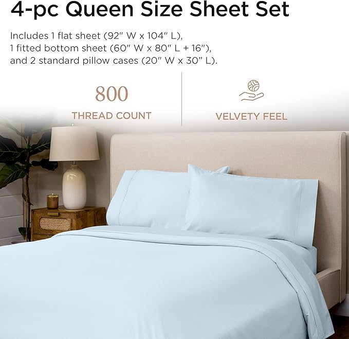 Threadmill Luxury 800 Thread Count Queen 100% Cotton Sheets - Light Blue Sateen Weave Bed-Sheets, Better Than Egyptian Cotton,4 Pc Solid Soft Bedding Set, Fits 16" Deep Pocket