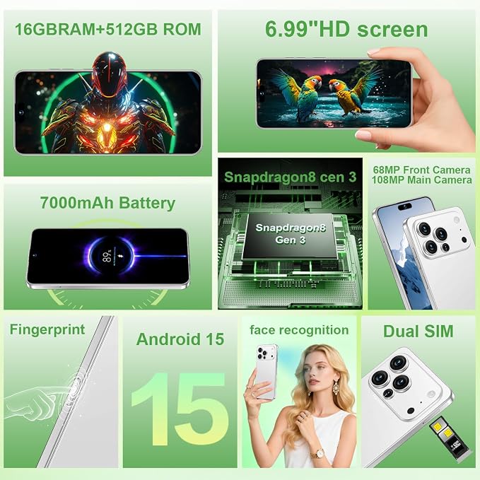 17 PMAX Unlocked Cell Phone,16GB+512GB Smartphone,6.99" HD Screen Android 15 5G Phones,Battery 7000mAh Android The Phone,Fingerprint Button Unlock/GPS/Face ID/Dual SIM/5G (White)