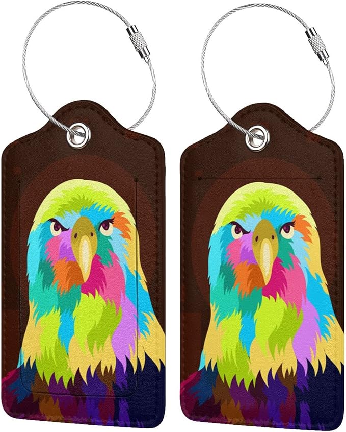 2-Pack Eagle Luggage Tags for Suitcases, Leather Bird Pattern Colorful Animal Baggage Tag with Loop, Cool Luggage Identifiers Name ID Card Cover Travel Bag Labels Set