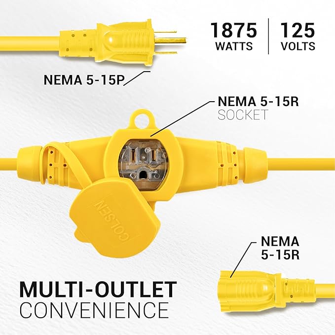 COLSEN Extension Cord with Multiple Outlets – 25 ft Heavy Duty 16 Gauge Power SJTW Cable, 15 Amp 3 Prong 6 NEMA Multi Plug, 16 AWG Male to Female Connector, 5-15R Female Socket, Outdoor/Indoor Yellow