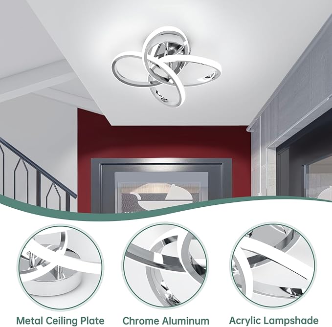 Modern Led Ceiling Lights, 11.8in Chrome Curved Hallway Ceiling Lights Fixtures, 26W Flush Mount Ceiling Light for Bedroom Kitchen Bathroom Entryway Balcony Stair - Cold White Light 6000K