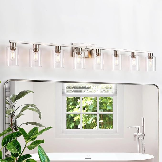 8-Light Brushed Nickel Vanity Light Fixtures,Modern Large Bathroom Light Fixtures Wiht Clear Glass ShadeRust and Moisture Resistant Easy to Install Vanity Lights for bathroom lights over mirror