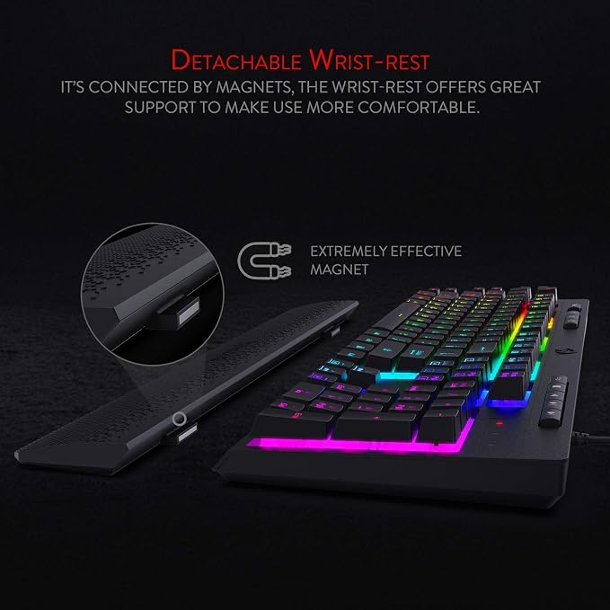 Redragon K512 RGB Membrane Gaming Keyboard, 6 Macro Keys & Easy Media Wheel | Dedicated Scroll Controls, No Software Needed 6 On-the-Fly Combos for Extensive Games, 13 Backlight Modes, Wrist Support