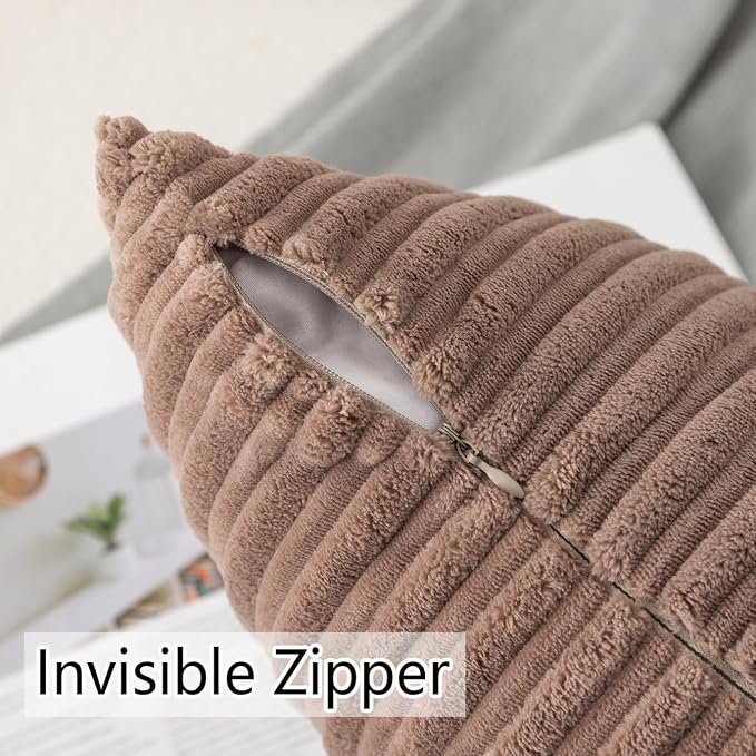 UGASA Fall Soft Velvet Stripe Decorative Lumbar Pillow Covers Set of 2 Solid Corduroy Textured Euro Oblong Cushion Cases for Couch Bedroom Sofa Farmhouse, 12x20 Inch, Light Brown