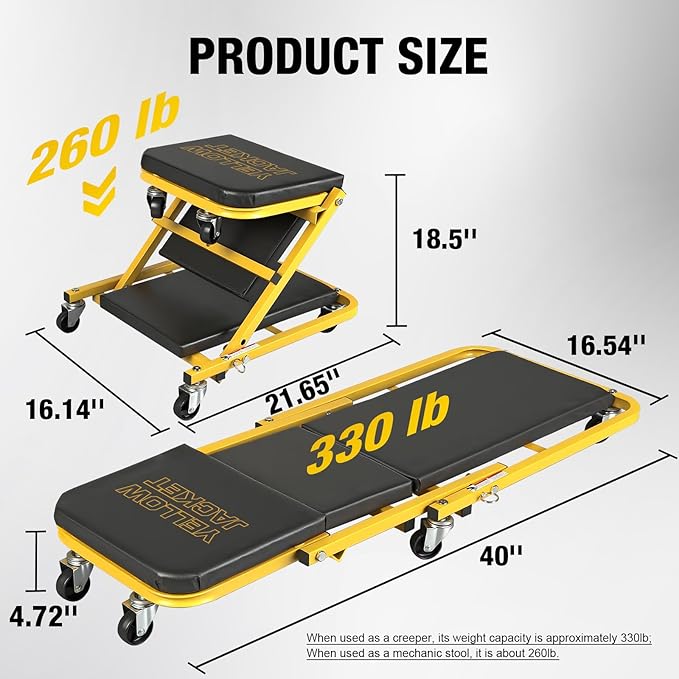 YELLOW JACKET Mechanic Creeper Stool, 40 Inches Extended 2-in-1 Foldable Z-Creeper Rolling Garage Seat with Wheels, Heavy Duty Steel Auto Repair Garage Stool for Shop, 330 LBS Capacity