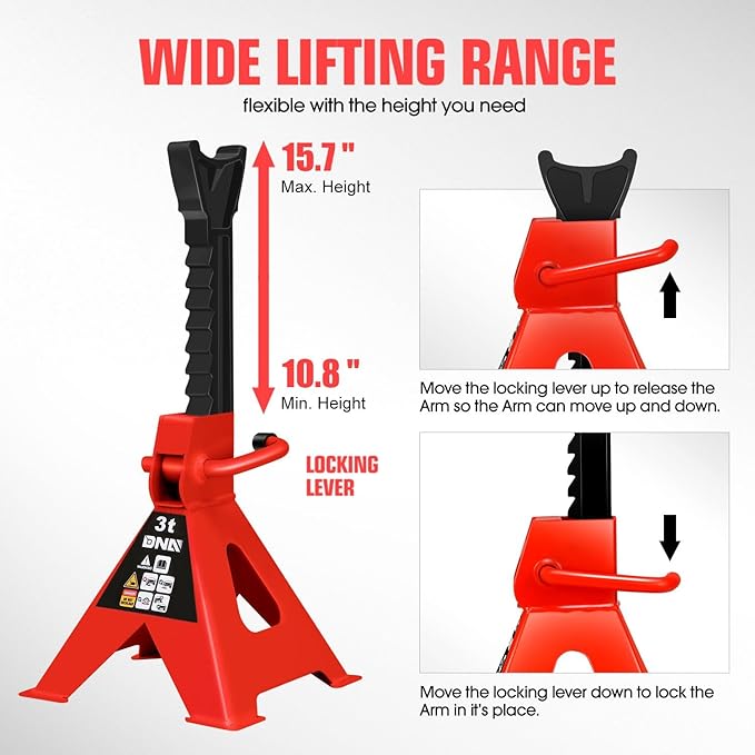 DNA Motoring 1 Pair Jack Stands, 3 Ton (6600 lbs) Capacity Car Lifting Stand, Adjustable Height Car Jack Stands for Cars, Sedans, Small Vehicles, SUV, TOOLS-00682-RD