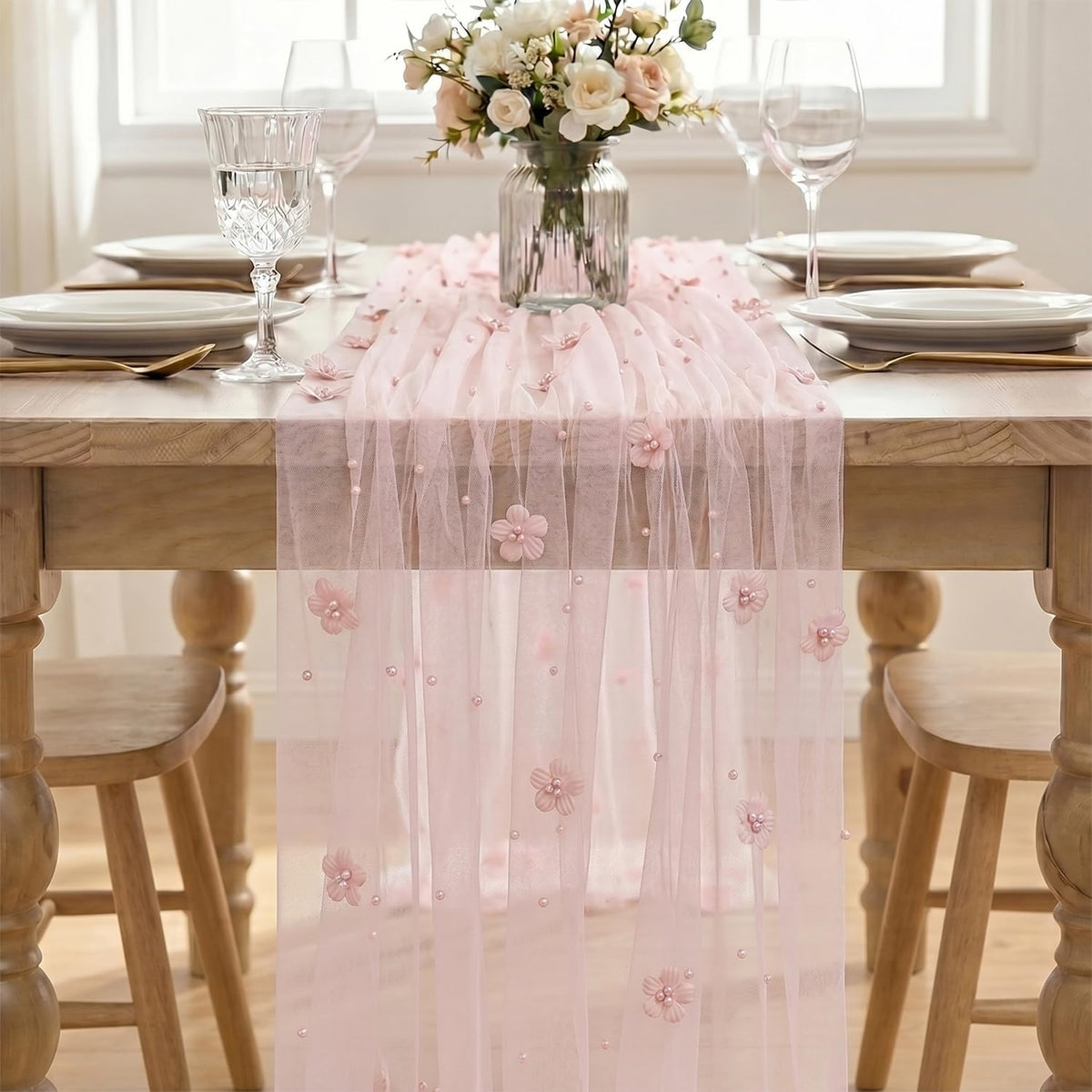 Artoid Mode Pink Flower Pearl Pink Gauze Table Runner 10FT, Seasonal Sheer Dining Holiday Wedding Birthday Baby Shower Table Decor for Home Party