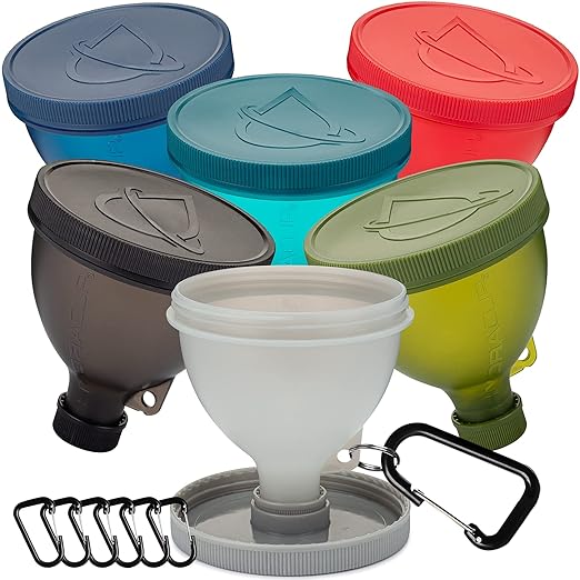 Protein Funnel [6 Pack] Patented Funnels with Stand for Filling Water Bottles, Shaker Bottles w/Protein Powder, Supplement Storage Set, Take to Go or Kitchen Use, Keychain for Shaker Cup, BPA Free