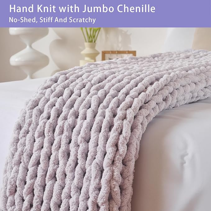 Bigacogo Chunky Knit Throw Blanket for Couch, 40x60 inches, Berry Haze | Hand Knit with Jumbo Chenille, Soft Breathable Cable Knit for Sofa Bed Living Room, Machine Washable, Gift for Mom Friend