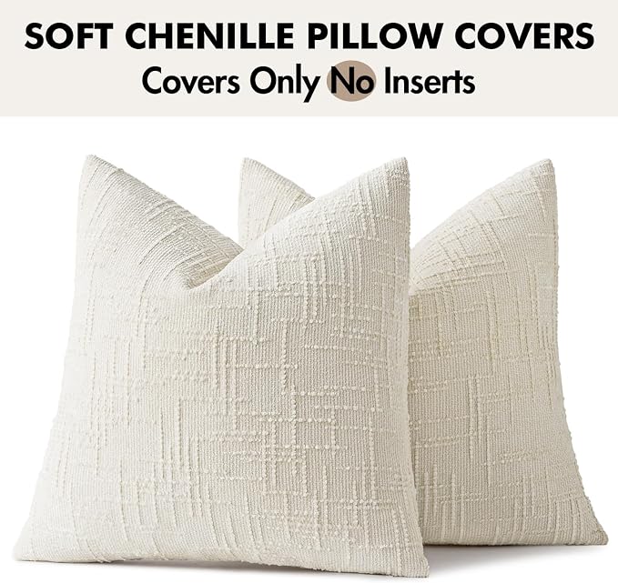 MIULEE Chenille Textured Euro Throw Pillow Covers Cream White 26x26 | Set of 2, Slubby Decorative Pillows, Boho Farmhouse Home Decor, Modern Neutral Cushion Covers for Couch Sofa Bed Living Room