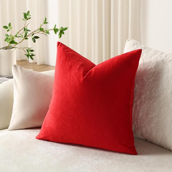 Throw Pillow Covers 16x16 Christmas Red: Pack of 2 Cozy Soft Velvet Square Modern Luxury Decorative Throw Pillow Cases for Sofa Couch Living Room Bed Home Decor
