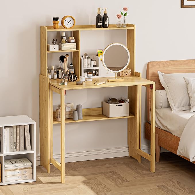 Folding Desk for Small Spaces, Bamboo Foldable Desk with Bookshelf, Natural | Small Computer Desk with Storage, Mid Century, Fold Out，Compact Size, for Bedroom, Living Room, Apartment, Home Office