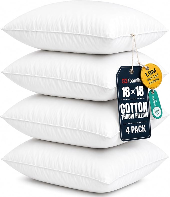 Foamily 18x18 Throw Pillow Inserts, Set of 4, 100% Cotton Cover, White | Cotton cover, plush down-alternative fill, machine washable Fits 18x18 covers Couch, sofa, bed, nursery décor