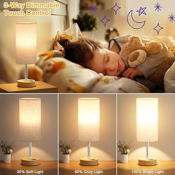 Dicoool Bedside Table Lamp Set of 2-3-Way Dimmable Touch Lamp, USB A+C | LED Bulb Included, USB C+A Charging Ports, Cream Fabric Lampshade, Metal Base, 14" Small Lamps for bedroom, Living Room