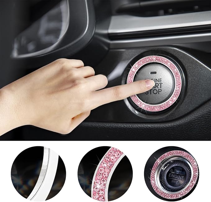 Kewucn 2 PCS Bling Crystal Double Rhinestone Car Engine Start Decoration Ring, Sparkling Push Start Button Sticker, Key Ignition & Knob Ring Decoration, Bling Car Interior Accessory(Pink)