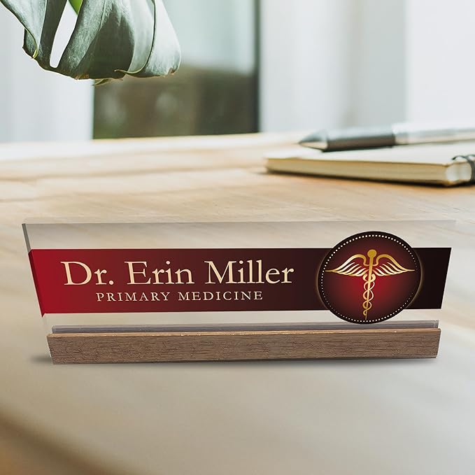 Artblox Personalized Office Desk Name Plate and Business Card Holder | Clear Acrylic Glass with Teak Wood Stand | Doctor Design Customized with Your Name and Credentials Office Desk Decor