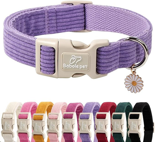 Cute Corduroy Dog Collar - Lavender Adjustable Dog Collars for X-Large Dogs 80+lbs, Fade-Proof with Secure Snap & Little Charm, Christmas Birthday Gift, XL