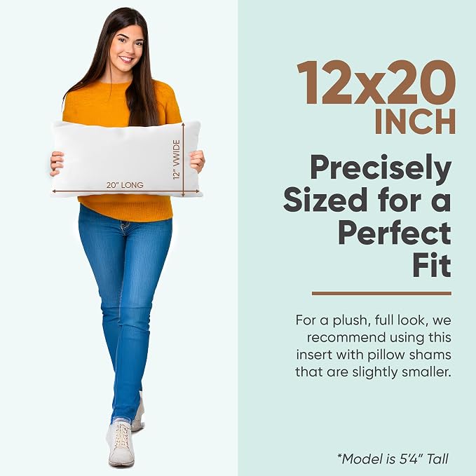 Pillowflex Synthetic Down Pillow Insert 12x20 in - Karate Chop Pillow | Small Rectangle Sham Form, Plush Polyester Cotton Blend, Cloud-Like Comfort, Clump-Resistant Fill, Smooth Elegant Finish