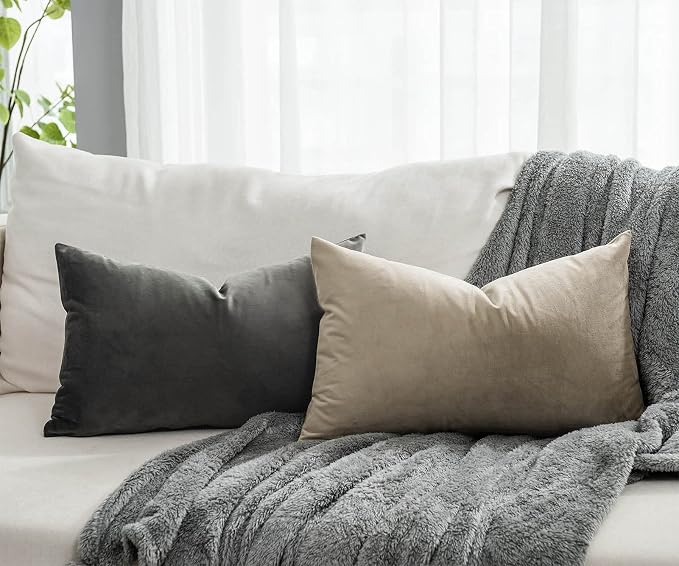 16x24 Pillow Covers Set of 2 Decorative Velvet Throw Pillow Covers,Stone | Luxury Soft Cushion Covers with Invisible Zipper for Couch Sofa Bed Living Room Bedroom Home Decor