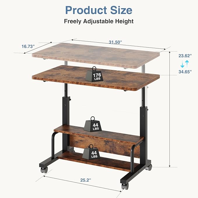 DUMOS Rolling Desk, Storage Shelves, Laptop Table, Home Office | Height Adjustable Design, Computer Desks on Wheels, Portable for Small Spaces Use, White
