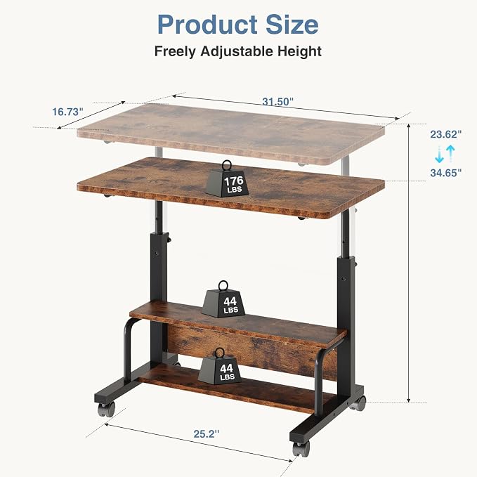 DUMOS Rolling Desk, Storage Shelves, Laptop Table, Home Office | Height Adjustable Design, Computer Desks on Wheels, Portable for Small Spaces Use, Rustic Brown