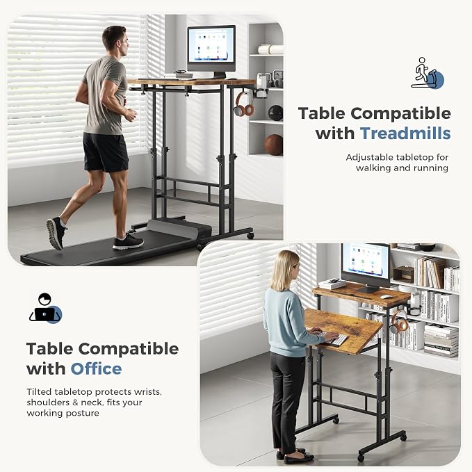 DUMOS Rolling Standing Desk, Sit Stand Desk, Computer Cart | 23.6 Inch Width, Height Adjustable, Split Top, Mobile Laptop Workstation, Office Table, Portable Design, Rustic Brown