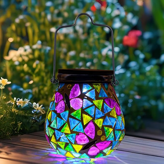 Afirst Mosaic Solar Lanterns - Glass Hanging Lights Butterfly Hollow Out Waterproof Outdoor Decorative for Garden, Patio, Holiday Party Outdoor Decoration, 1 Pack