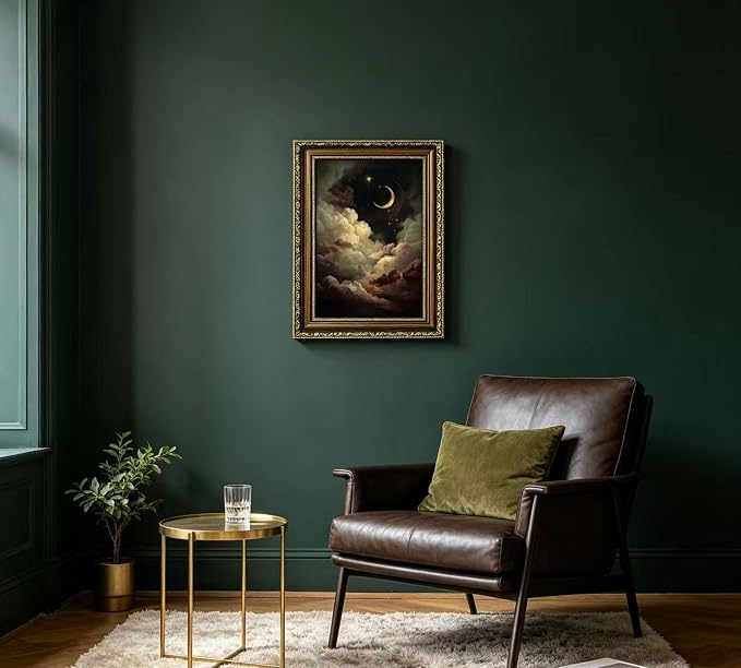 Vintage Gold Framed Crescent Moon Cloud Wall Art, Dark Academia Celestial Starry Sky Oil Painting Print, Antique Ornate Mystical Night Sky Wall Decor, Gothic Cottagecore Home Decor, 16x24in