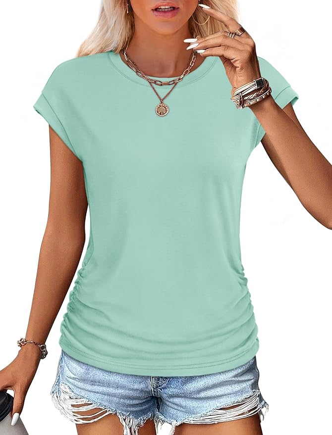 Sampeel Womens Summer Tops Trendy 2026 Ruched Cap Short Sleeve Tshirts Shirts Crew Neck T Shirts Fashion